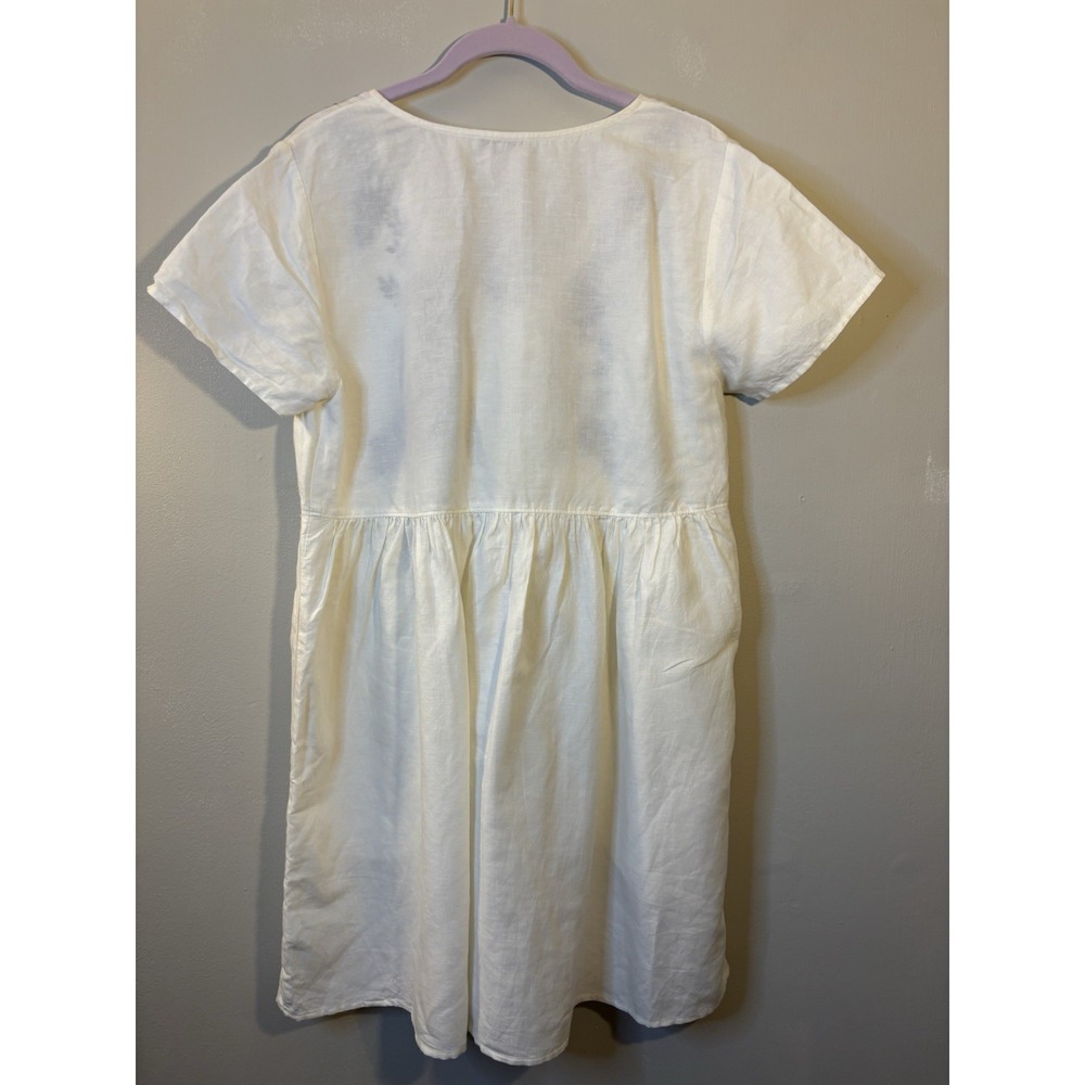 MADEWELL White Linen Babydoll Dress M Blue Floral Embroidery Boho Cottage - Picture 6 of 7
